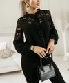 Close-up of black lace patchwork on the shoulder of a long sleeve chiffon blouse - S / Black