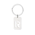 Silver military tag keychain featuring a hollowed letter R design on brushed metal - Letter R