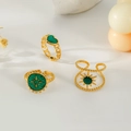 Bohemian gold ring set with green enamel heart, starburst and hollow sun designs - J685-Green Compass Sun 3-Piece Set