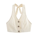 Gilet estivo allacciato al collo crema con cuciture scure a contrasto e tre bottoni - S / Top a Canotta Bianco Sporco