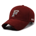 Deep red cotton baseball cap with F-letter embroidery and distressed brim details - Adjustable / Red