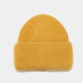 Thick ginger yellow Angora rabbit hair knitted beanie with a classic ribbed texture - Yellow