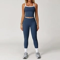 Dames yoga set in marineblauw met witte contrastbiezen en legging met hoge taille - S / Tank + Lange Broek / Marineblauw