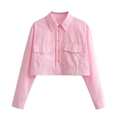 Pink cropped long-sleeve shirt for women with dual chest pockets and lapel collar - S / Pink