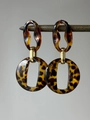 Detailed macro view of resin leopard print hoop earrings with golden metal links - 49# 925 Sterling Silver Earring Post - Brown