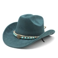 Faux suede western cowboy hat in dark cyan with braided rope and turquoise bead sun buckle - M (56-58cm) / Malachite green