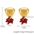 Detail showing the dimensions of gold triangular steel earrings with red glass beads - Triangle Red Cluster Style (F332)