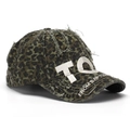 Close-up of leopard print baseball cap featuring 3D TQ embroidery and distressed details - Leopard Print (Style B)