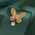 Golden butterfly brooch with textured wings and a hanging white pearl drop charm - 378# Pearl Butterfly