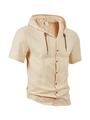 Men's hooded short sleeve cotton linen shirt in apricot color featuring natural texture - S / Khaki