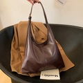 Minimalist large capacity dark brown PU leather tote bag with stylish wide shoulder strap - Coffee