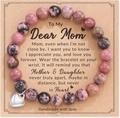 Pink and grey natural stone beaded bracelet with heart charm on a gift card for mom - Rhodonite + Dear Mom Card