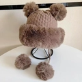 Winter knitted earflap hat in dark camel with large faux fur pom-poms and plush lining - Four Fur Balls Plush Hat / Khaki