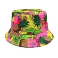 Close-up of tropical pineapple print canvas bucket hat with pink and yellow pattern - M (56-58cm) / Pink
