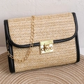 Chic woven straw crossbody bag with black leather trim and golden chain strap detail - Black (Lock Style)