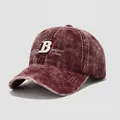 Detailed close-up of corduroy texture and white letter B embroidery on the baseball cap - 54cm (3-8 Years) / Burgundy