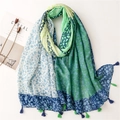 Floral vine print scarf in blue and green linen-feel fabric with stylish tassels - Blue Green & White Patchwork Pattern (SL2210-010)