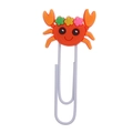 Close-up of orange cartoon crab bookmark with colorful flowers and white metal clip - Crab