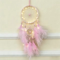 Pink dream catcher wall decor with two rings, delicate feathers, and warm LED lights - Pink Fluffy with LED Light