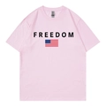 Pink cotton t-shirt featuring black FREEDOM print and flag logo on plain white background - Pink
