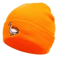 Close-up of silly goose embroidery on bright orange knitted beanie for winter - Elastic One Size (55-61cm) / Orange