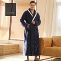 Men's navy blue long thickened fleece bathrobe with white contrast lapel and belt - Navy Blue (Men's)