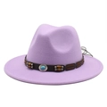 Detail of purple wool fedora hat featuring turquoise beads and brown leather band - M (56-58cm) / Taro Purple