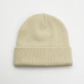 Beige ribbed knit beanie with fold-over cuff design for winter warmth and comfort - Beige