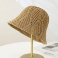 Khaki knit bucket hat with hollow cable stitch pattern on a gold display stand - One Size Adjustable / Dark Khaki
