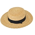 Flacher Strohhut mit schwarzer Schleife, klassischer Sonnenhut für Damen im Sommer - M(56-58cm) / Natur (7cm Krempe)