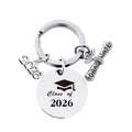Detailed view of silver stainless steel Class of 2026 graduation keychain with charms - Silver-Style A (Class of 2026)