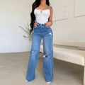 Lichtblauwe damesjeans met hoge taille, wijde pijpen, scheuren en witte korset-top - S / Donkerblauw