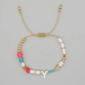 Adjustable beaded bracelet with white letter Y pendant, gold stars and hearts - Letter Y Style (ZZ-B24061901Y-F)