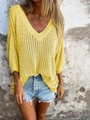 Übergroßer hellgelber V-Ausschnitt Strickpullover mit stylischem Lochstrick-Netzdesign - 3XL / Hellgelb