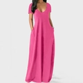 Détail de la robe longue rose avec décolleté en V profond, manches courtes et poches - S / Rose rouge