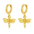 Golden dragonfly pendant earrings with round hoops in polished stainless steel - Dragonfly (MS-681) / Gold