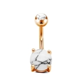 Rose gold belly button ring with white turquoise stones and four-prong setting detail - Rose Gold/White Marble
