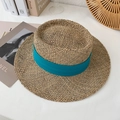 Flacher Strohhut in Naturfarbe mit einem breiten türkisfarbenen Stoffband für den Strand - Erwachsene (56-58CM) / Pfauenblau