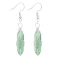 Macro detail of silver wire wrapped light green hexagonal natural stone crystal earrings - Wire Wrapped Hexagonal Prism Earrings / Silver Green Aventurine Earrings