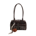 Glossy dark brown faux leather bowling bag for women with plush teddy pendant charm - With Pendant / Brown