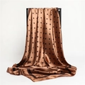 Detailed view of brown satin square scarf with black polka dots and high-gloss texture - Light Coffee (FT150-7) / 90x90cm