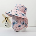 Pink sun hat with blue floral pattern featuring a wide brim and full face mask - One Size / Pink