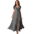 Deep grey V-neck chiffon bridesmaid dress with high slit and butterfly sleeves - S (US 2) / Dark Gray