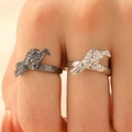 Detailed macro view of vintage bird and branch textures on adjustable open rings - Crow Style (13) / 2 Pcs/Set / Black & Silver