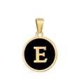 Pendentif rond classique plaqué or 18k avec émail noir et la lettre E gravée - E-Émail Noir