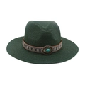 Chapeau de paille vert foncé à large bord avec ruban ethnique et pierre turquoise - Chapeau de Paille Vert Foncé (Pierre Bleue Ovale)