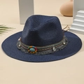 Cappello di paglia Panama blu scuro con perline bohémien e dettaglio turchese - M (56-58cm) / Blu scuro