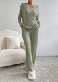 Relaxed sage green knit two-piece set with V-neck top and ribbed straight trousers - S / Top And Bottom / Green
