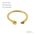 Detail of 18k gold plated stainless steel snake ring with adjustable band and size info - Adjustable Open / Gold Snake Style (705)