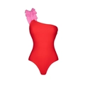 Detail of red one-shoulder swimsuit with pink ruffle decorative shoulder strap - S / One Shoulder Ruffle One-Piece Swimsuit